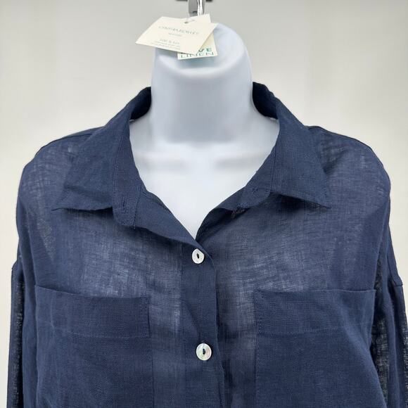 Cynthia Rowley 100% Linen Shirt WMNS L Blue Navy Long Sleeve Button Front Sheer - Picture 2 of 9